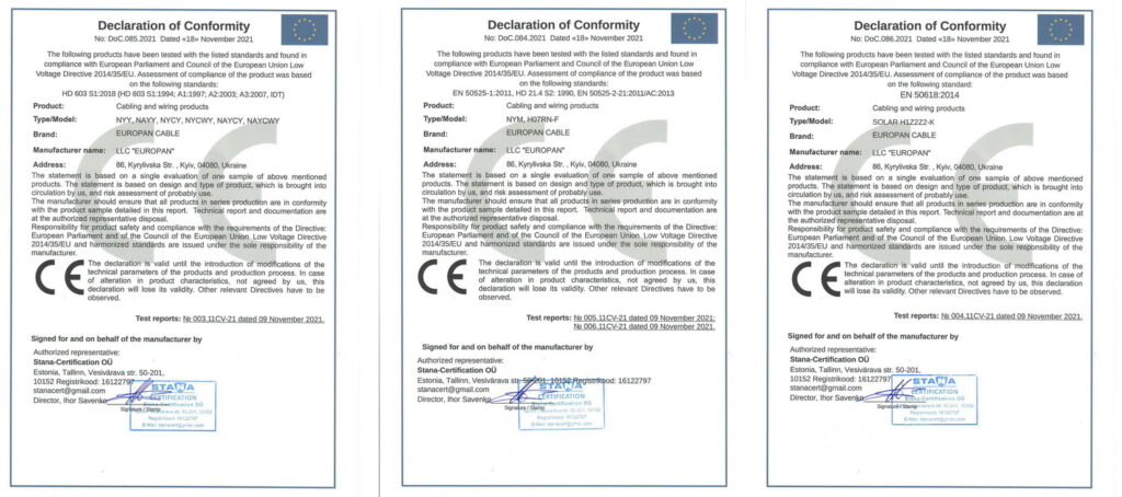 Декларації відповідності та Сертифікати відповідності SOLAR H1Z2Z2-K, NYM, NYY, NAYY, NYCY, NYCWY, NAYCY, NAYCWY, H07RN-F. Вихід Кабельного заводу «ЄВРОПАН» на ринок Європи